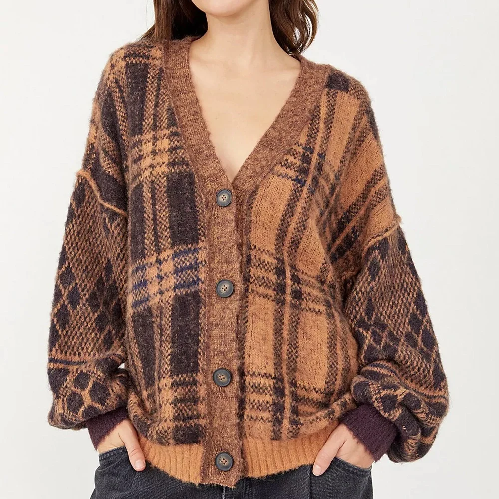 Free People Brown Sepia Plaid Jacquard Oversize Cardigan Sweater Size XS - Picture 1 of 5